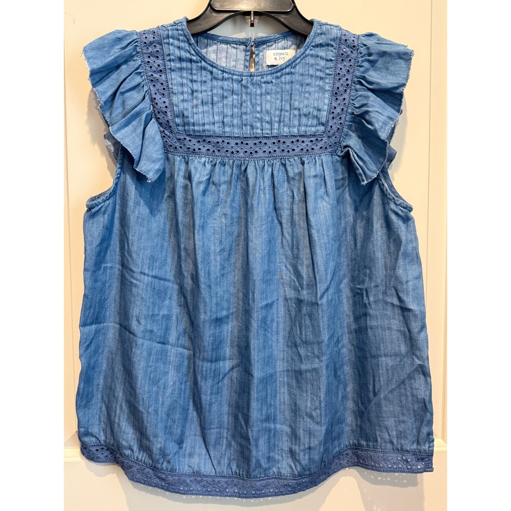 Crown & Ivy Womens Blue Lyocell Denim Eyelet Ruffle Sleeve Blouse Top Medium